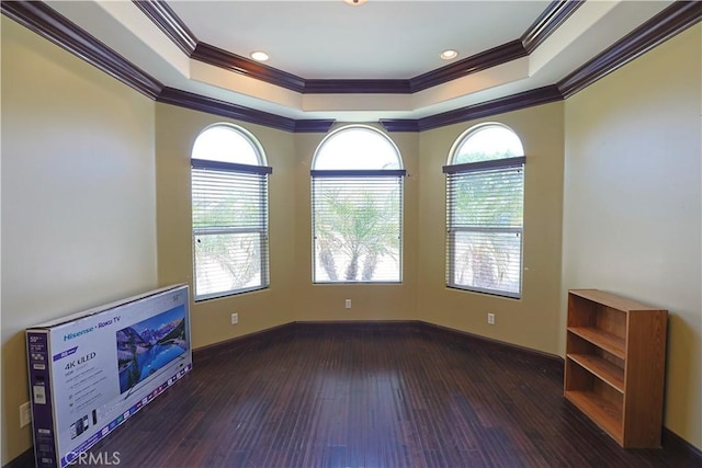 22331 Walnut St, Wildomar, CA 92595 - empty room featuring crown molding, a raised ceiling, hardwood / wood-style floors, and baseboards