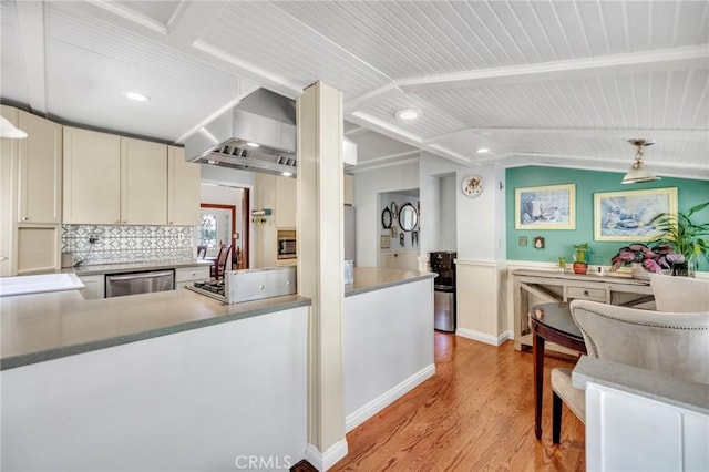 8213 Ocean View Ave, Whittier, CA 90602 - kitchen featuring dishwasher, light wood-type flooring, cream cabinets, stovetop, and lofted ceiling