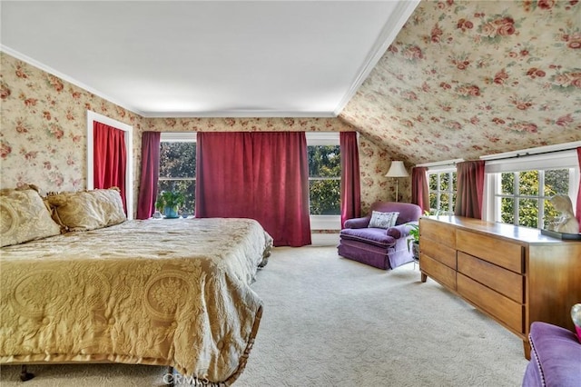 8213 Ocean View Ave, Whittier, CA 90602 - carpeted bedroom with wallpapered walls, multiple windows, ornamental molding, and lofted ceiling