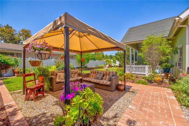 8213 Ocean View Ave, Whittier, CA 90602 - fenced backyard with a gazebo, an outdoor living space, and a patio