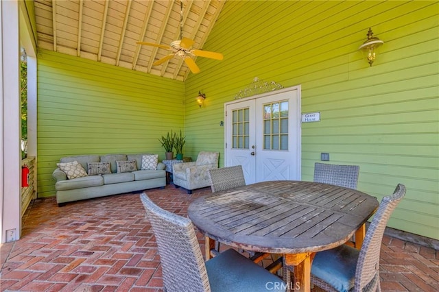 8213 Ocean View Ave, Whittier, CA 90602 - view of patio / terrace with french doors, a ceiling fan, and outdoor lounge area
