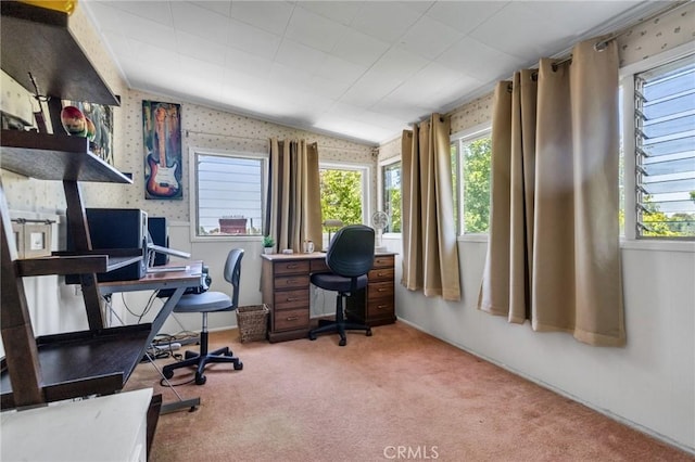 8213 Ocean View Ave, Whittier, CA 90602 - carpeted office space with wallpapered walls and vaulted ceiling