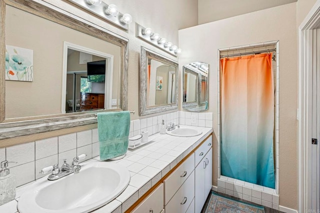 3016 Alta Vista Dr, Fallbrook, CA 92028 - bathroom with double vanity, curtained shower, and decorative backsplash