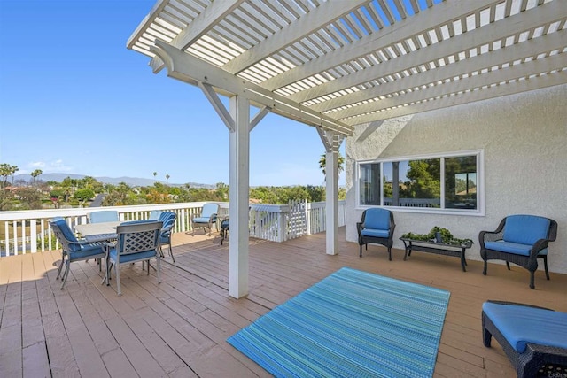 3016 Alta Vista Dr, Fallbrook, CA 92028 - wooden terrace featuring outdoor dining space, a pergola, and a mountain view