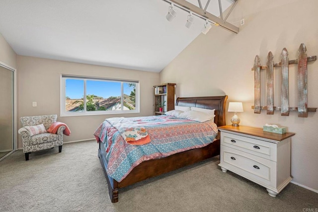 3016 Alta Vista Dr, Fallbrook, CA 92028 - bedroom with carpet floors, vaulted ceiling, baseboards, and rail lighting