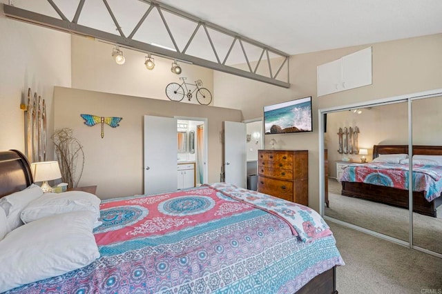3016 Alta Vista Dr, Fallbrook, CA 92028 - bedroom featuring a closet, carpet, and high vaulted ceiling