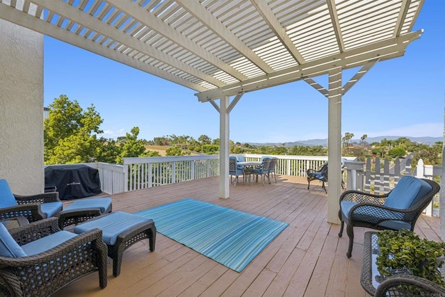 3016 Alta Vista Dr, Fallbrook, CA 92028 - deck featuring outdoor dining area, a mountain view, a pergola, and grilling area