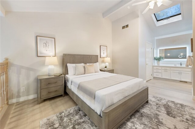 77 Lakepines, Irvine, CA 92620 - bedroom with a skylight, baseboards, light wood finished floors, high vaulted ceiling, and beam ceiling