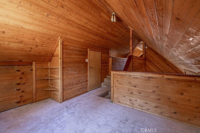 817 E Mountain View Blvd, Big Bear City, CA 92314 - additional living space with lofted ceiling, wood ceiling, wood walls, and carpet floors