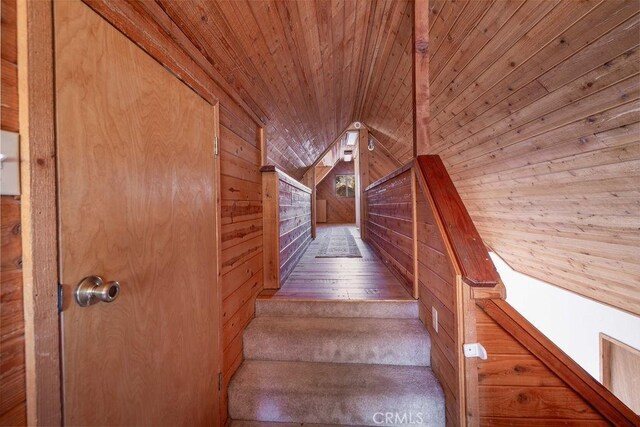 817 E Mountain View Blvd, Big Bear City, CA 92314 - staircase with wooden ceiling, wooden walls, and carpet