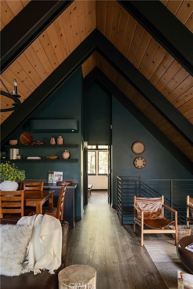 607 Old Toll Rd, Lake Arrowhead, CA 92352 - bedroom with wooden ceiling with exposed beams, wood finished floors, a wall mounted air conditioner, and high vaulted ceiling