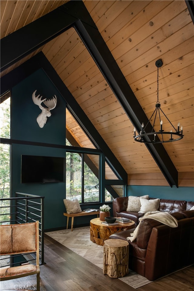 607 Old Toll Rd, Lake Arrowhead, CA 92352 - bonus room with wooden ceiling, a chandelier, and wood finished floors