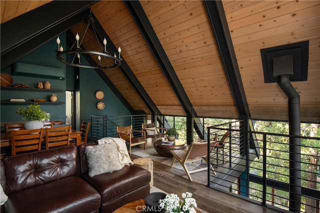 607 Old Toll Rd, Lake Arrowhead, CA 92352 - living room with wooden ceiling, an AC wall unit, wood finished floors, and a chandelier