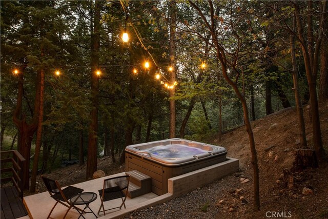 607 Old Toll Rd, Lake Arrowhead, CA 92352 - wooden terrace featuring a hot tub and a patio