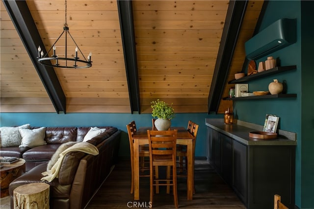 607 Old Toll Rd, Lake Arrowhead, CA 92352 - living room with dark wood-style floors, a chandelier, and wood ceiling