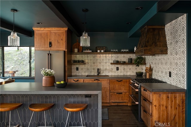 607 Old Toll Rd, Lake Arrowhead, CA 92352 - kitchen featuring appliances with stainless steel finishes, a sink, open shelves, beam ceiling, and backsplash