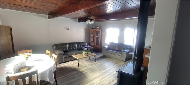 5914 N Rockvale Ave, Azusa, CA 91702 - living room with wooden ceiling with exposed beams, a ceiling fan, and wood finished floors