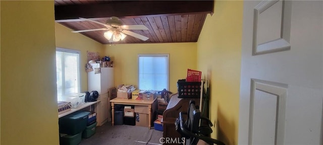 5914 N Rockvale Ave, Azusa, CA 91702 - office with wooden ceiling with exposed beams, ceiling fan, and carpet flooring