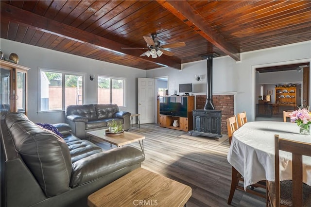 5914 N Rockvale Ave, Azusa, CA 91702 - living room with a wood stove, a wood ceiling with exposed beams, ceiling fan, and wood finished floors