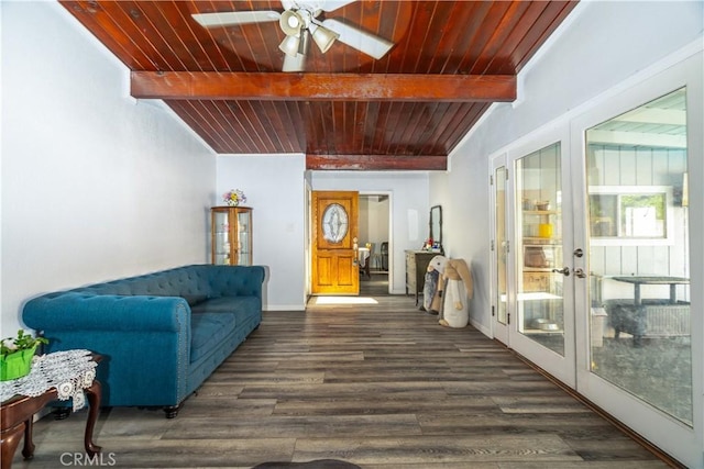 5914 N Rockvale Ave, Azusa, CA 91702 - living room featuring french doors, a wood ceiling with exposed beams, a ceiling fan, and wood finished floors
