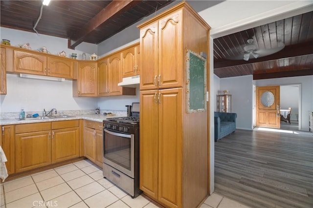 5914 N Rockvale Ave, Azusa, CA 91702 - kitchen featuring gas stove, under cabinet range hood, wooden ceiling, light countertops, and a ceiling fan