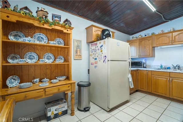 5914 N Rockvale Ave, Azusa, CA 91702 - kitchen with freestanding refrigerator, open shelves, light countertops, light tile patterned floors, and wood ceiling