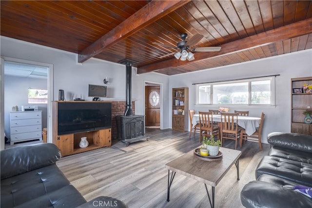5914 N Rockvale Ave, Azusa, CA 91702 - living room with a wood stove, a wood ceiling with exposed beams, ceiling fan, and wood finished floors