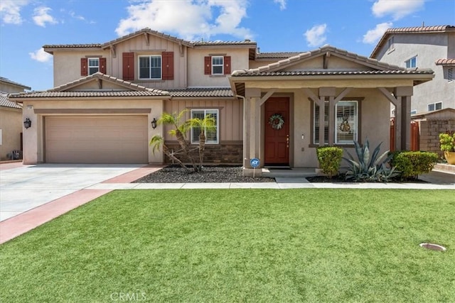 27109 Woodglen Ln, Moreno Valley, CA 92555 - view of front facade featuring concrete driveway, a front yard, a garage, a tile roof, and stucco siding