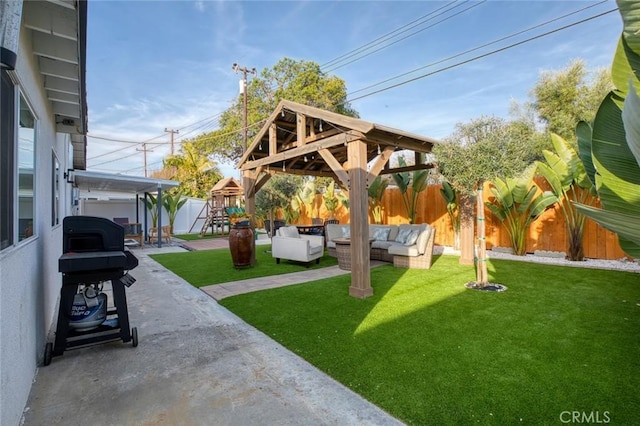 16782 Heritage Ln, Huntington Beach, CA 92647 - view of yard with outdoor lounge area, a playground, a patio area, and a gazebo