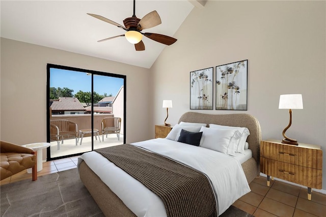 43334 32nd St W Unit 12, Lancaster, CA 93536 - tiled bedroom with access to outside, high vaulted ceiling, and ceiling fan