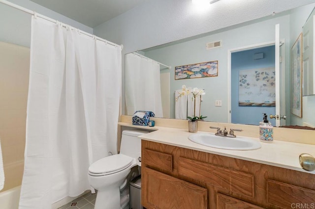 1064 Glen Arbor Dr, Encinitas, CA 92024 - bathroom with toilet, vanity, tile patterned floors, and shower / bathtub combination with curtain