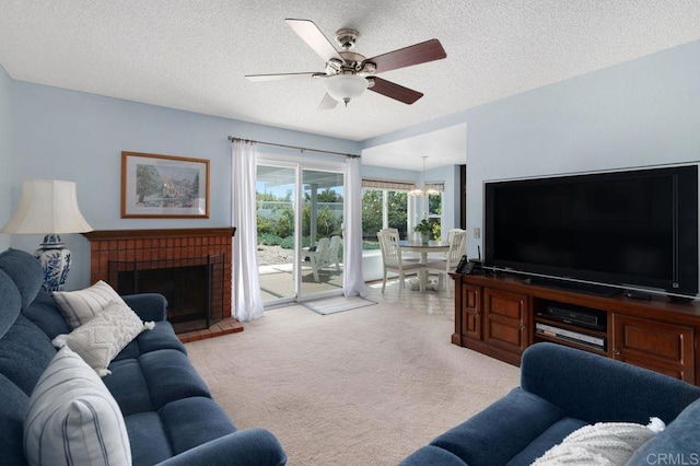 1064 Glen Arbor Dr, Encinitas, CA 92024 - living room with ceiling fan, carpet, a textured ceiling, and a brick fireplace