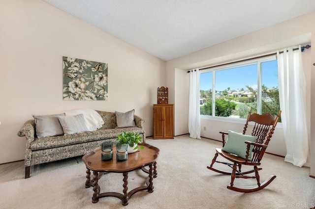 1064 Glen Arbor Dr, Encinitas, CA 92024 - living area with vaulted ceiling, carpet flooring, and a textured ceiling