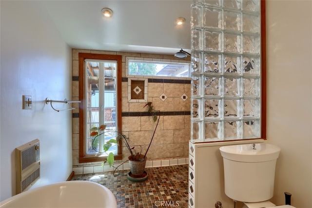 2380 Old Hwy, Catheys Valley, CA 95306 - bathroom featuring heating unit, walk in shower, and toilet