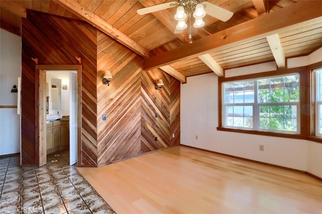 2380 Old Hwy, Catheys Valley, CA 95306 - empty room with wooden ceiling, a ceiling fan, wood walls, baseboards, and light wood finished floors