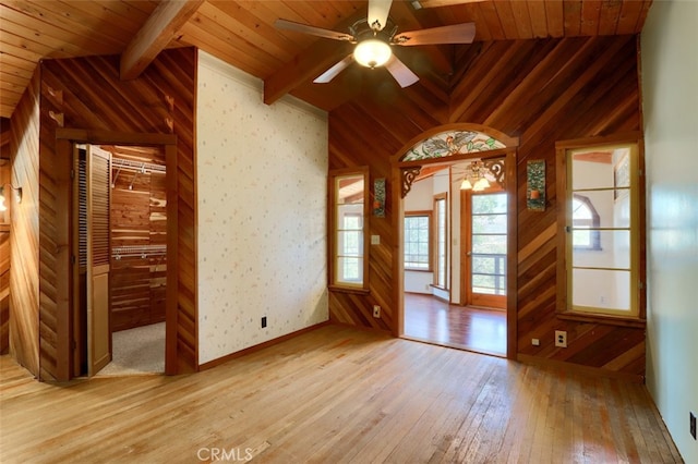 2380 Old Hwy, Catheys Valley, CA 95306 - unfurnished living room with wood-type flooring, wood ceiling, wood walls, and ceiling fan