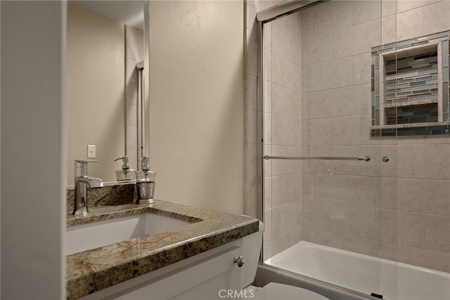 28960 Palisades Dr, Lake Arrowhead, CA 92352 - bathroom featuring toilet, vanity, and shower / bath combination with glass door