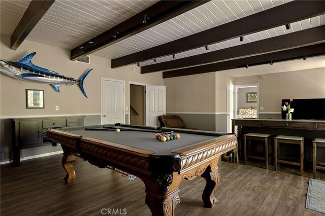 28960 Palisades Dr, Lake Arrowhead, CA 92352 - playroom with wood finished floors, pool table, and beam ceiling