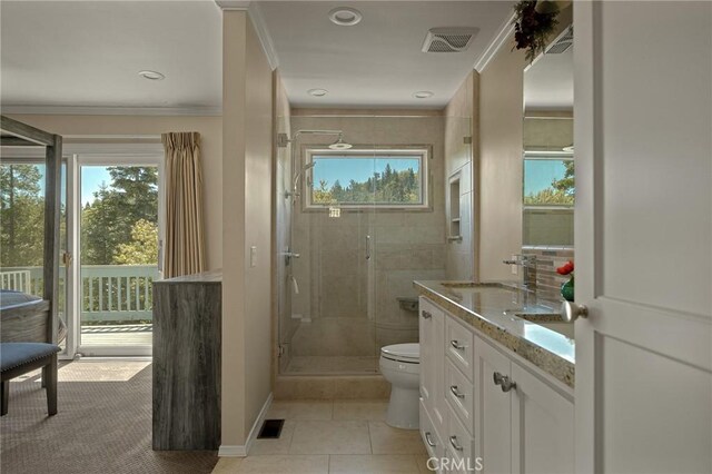 28960 Palisades Dr, Lake Arrowhead, CA 92352 - full bath with a stall shower, plenty of natural light, vanity, baseboards, and ornamental molding