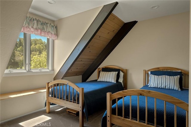 28960 Palisades Dr, Lake Arrowhead, CA 92352 - carpeted bedroom featuring baseboards and lofted ceiling