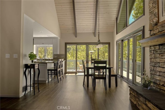 28960 Palisades Dr, Lake Arrowhead, CA 92352 - dining space with dark wood-type flooring, high vaulted ceiling, baseboards, and wood ceiling with exposed beams