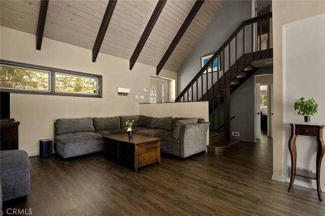 28960 Palisades Dr, Lake Arrowhead, CA 92352 - living room with dark wood-style floors, wood ceiling with exposed beams, stairway, high vaulted ceiling, and baseboards