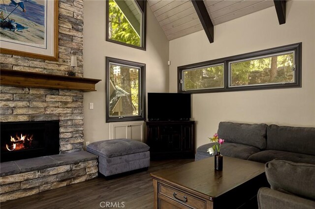 28960 Palisades Dr, Lake Arrowhead, CA 92352 - living room with wood finished floors, a stone fireplace, wood ceiling with exposed beams, and high vaulted ceiling