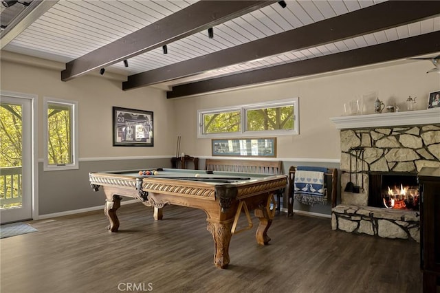 28960 Palisades Dr, Lake Arrowhead, CA 92352 - recreation room with billiards table, baseboards, wood finished floors, healthy amount of natural light, and wood ceiling with exposed beams