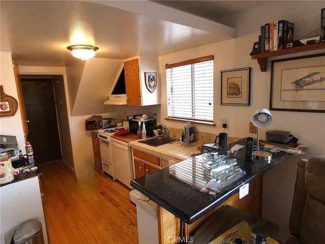 3513 Alma Ave, Manhattan Beach, CA 90266 - kitchen featuring a sink, white appliances, under cabinet range hood, light wood-style floors, and a peninsula