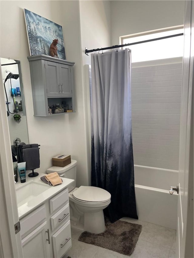 11915 Sagecrest Ct, Corona, CA 92883 - full bath with vanity, toilet, tile patterned floors, and shower / bath combo with shower curtain