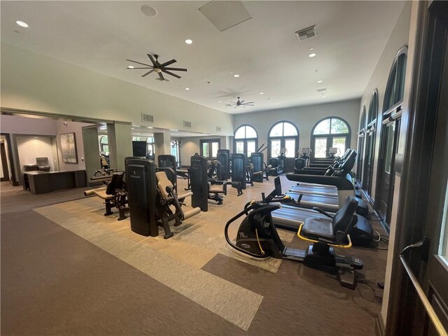 11915 Sagecrest Ct, Corona, CA 92883 - workout area with recessed lighting, ceiling fan, and light colored carpet