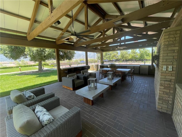 11915 Sagecrest Ct, Corona, CA 92883 - view of patio / terrace with ceiling fan, an outdoor living space, outdoor dining area, and a gazebo