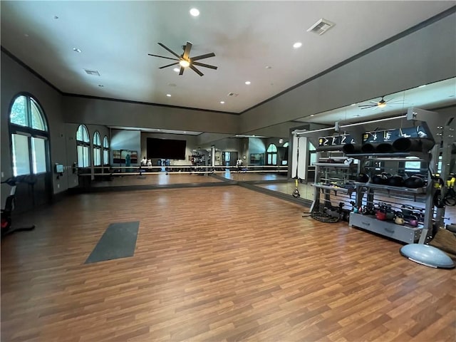 11915 Sagecrest Ct, Corona, CA 92883 - gym featuring ceiling fan, crown molding, wood finished floors, and recessed lighting