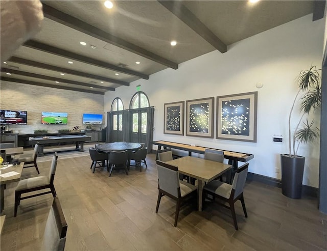 11915 Sagecrest Ct, Corona, CA 92883 - dining space with beamed ceiling, wood finished floors, and recessed lighting